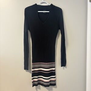 Guilty Knitwear Elegant Black and Pink Striped Knit Dress Medium